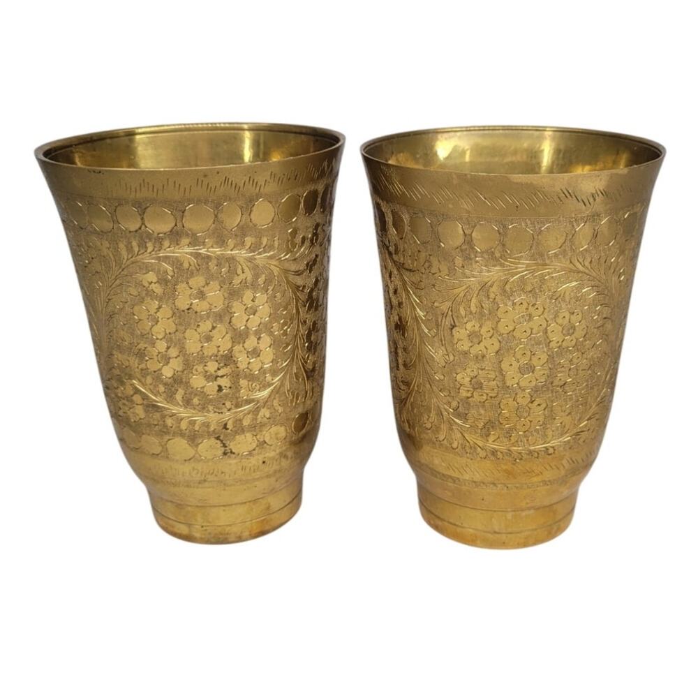 Vintage Brass Sign Engraved Indian‎ Lassi Cup Pair Ornate Boho Collectible Decor